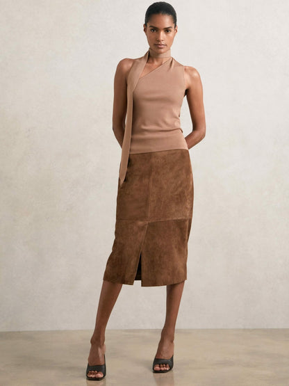 Reiss Suede Straight-Fit Midi Skirt in Tan Brown