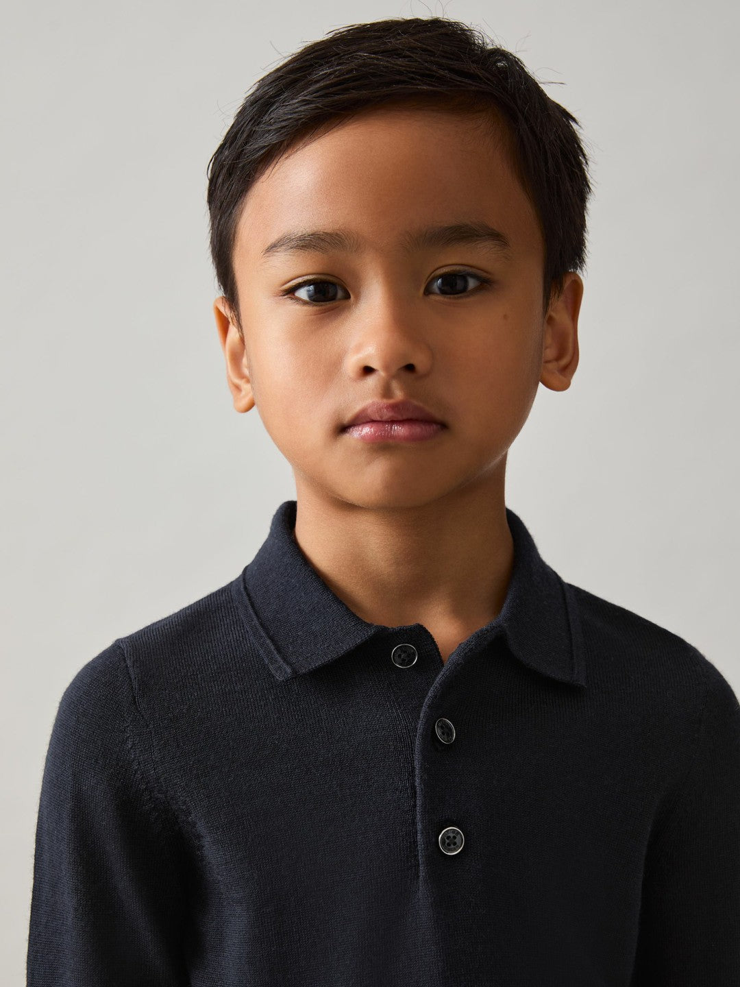 Reiss 9-13 yrs Merino Wool Long-Sleeve Polo Shirt in Navy