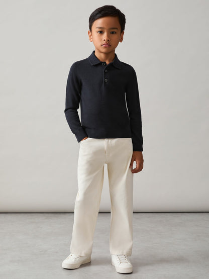 Reiss Merino Wool Long-Sleeve Polo Shirt in Navy