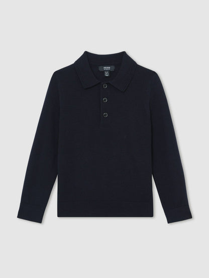 Reiss Merino Wool Long-Sleeve Polo Shirt in Navy