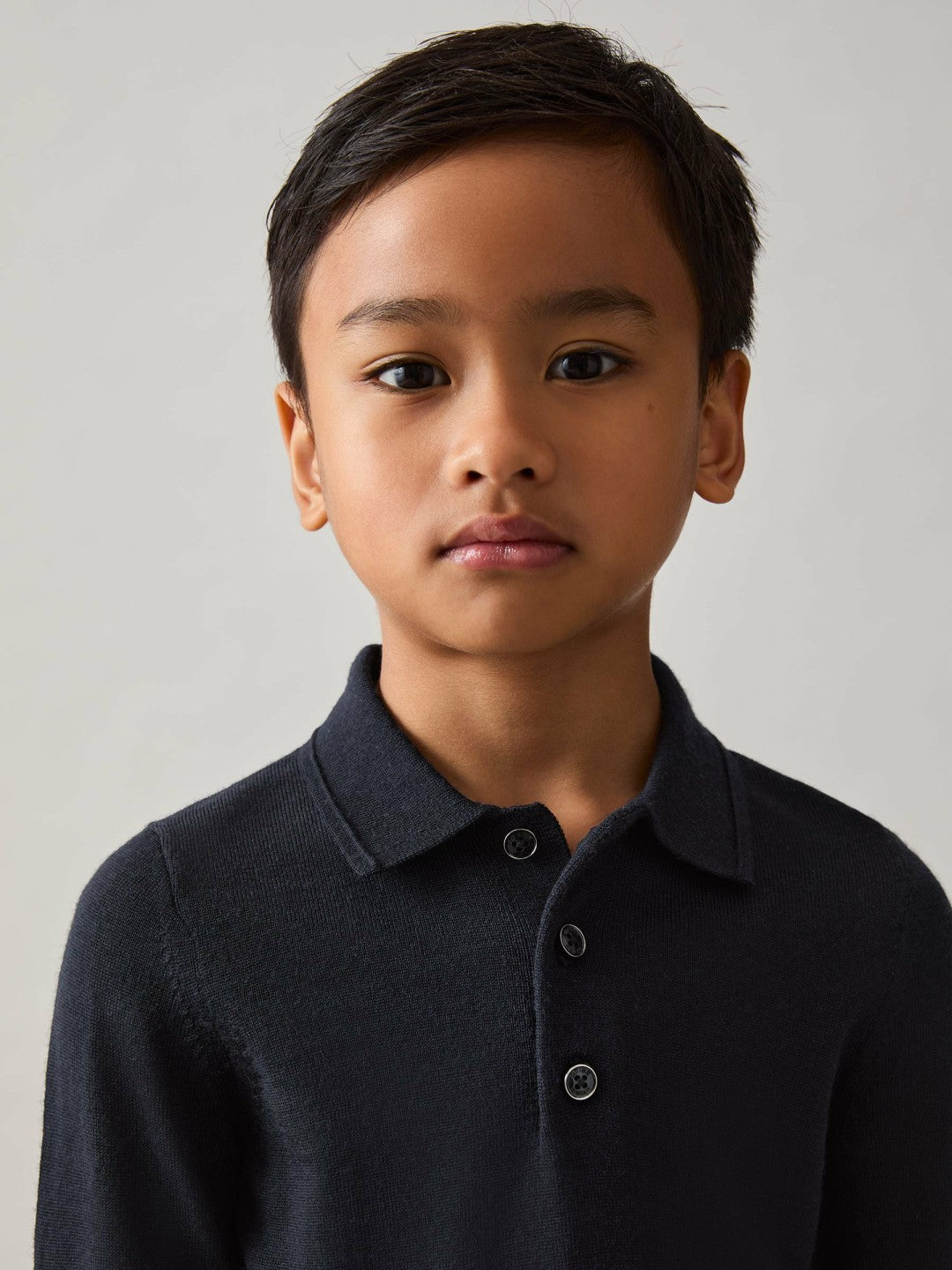 Reiss Merino Wool Long-Sleeve Polo Shirt in Navy