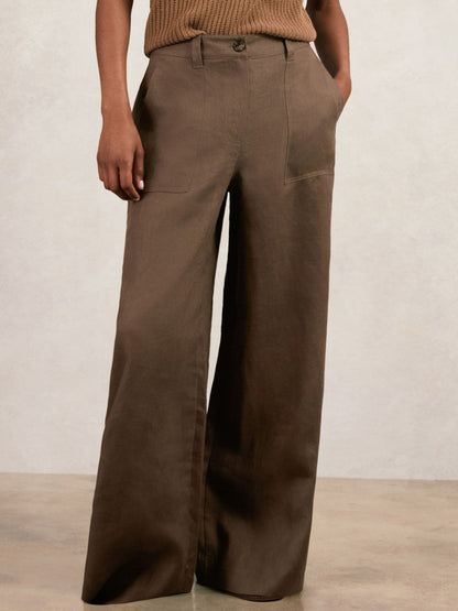 Reiss Petite Linen Wide Leg Trousers in Chocolate Brown