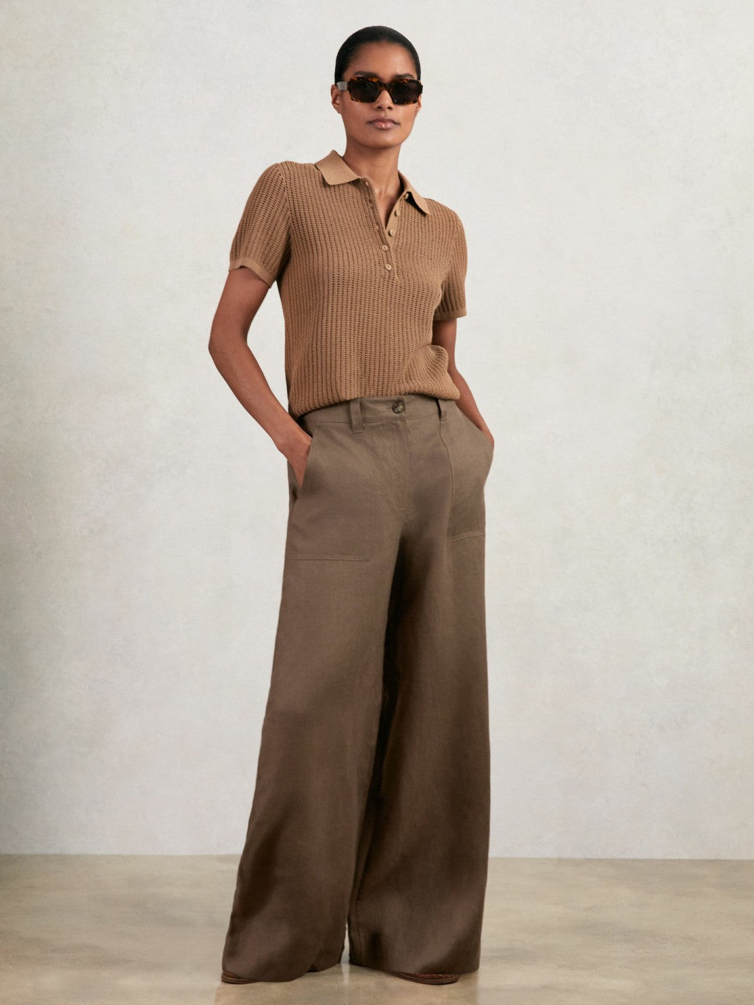 Reiss Petite Linen Wide Leg Trousers in Chocolate Brown