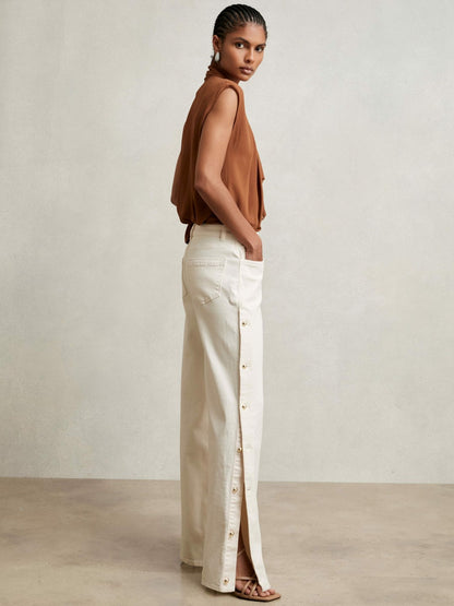 Reiss Petite Side Button Wide Leg Jeans in Cream