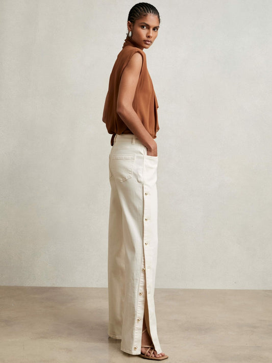 Reiss Petite Side Button Wide Leg Jeans in Cream