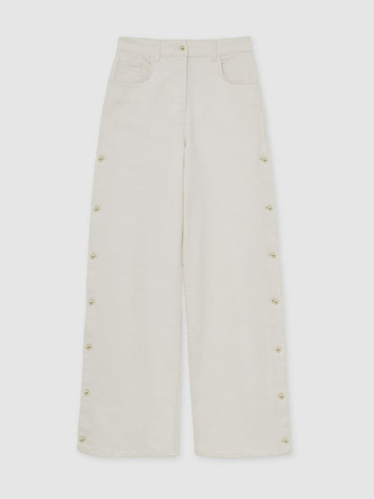 Reiss Petite Side Button Wide Leg Jeans in Cream