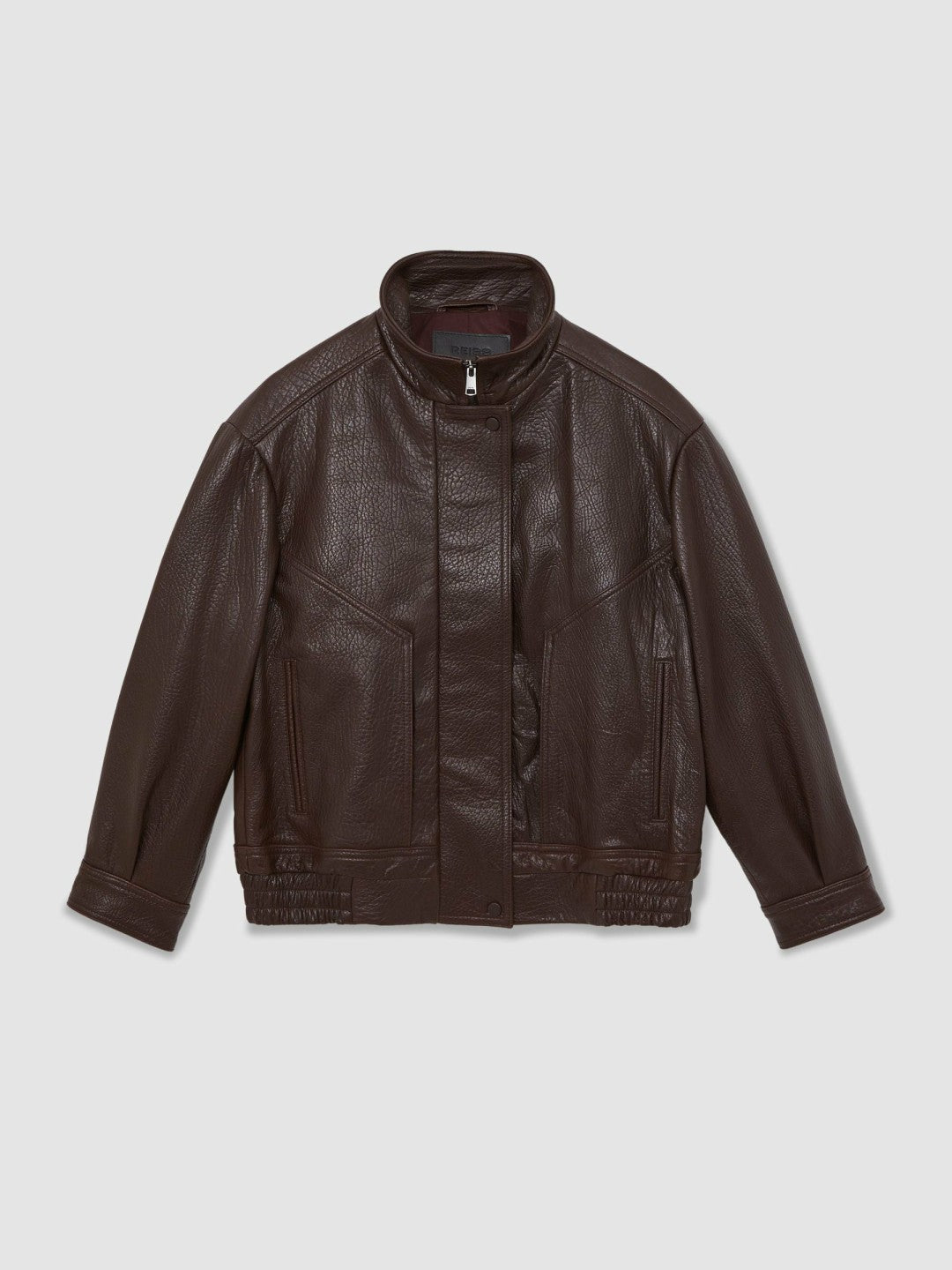 Reiss Oversize Grained-Leather Bomber Jacket in Burgundy