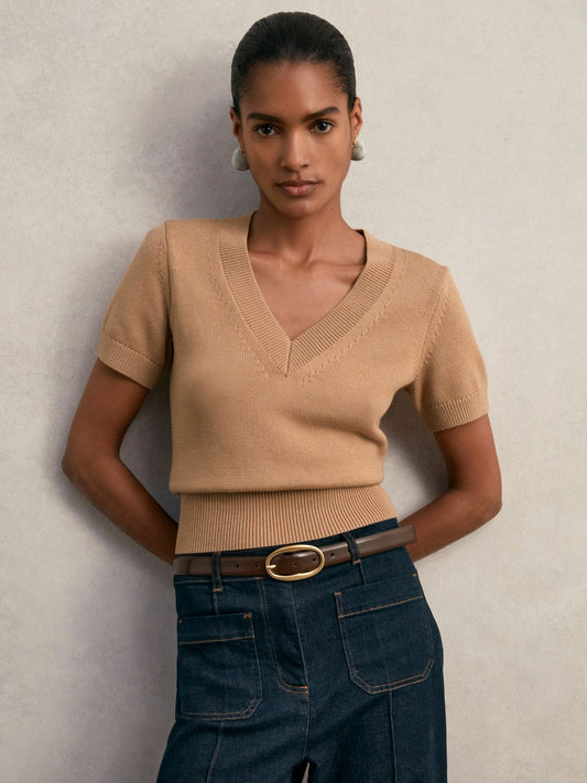Reiss Cotton-Wool Knit V-Neck Top in Camel