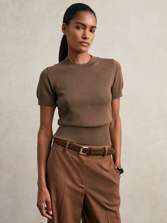 Reiss Cotton And Wool Crew-Neck Top in Brown