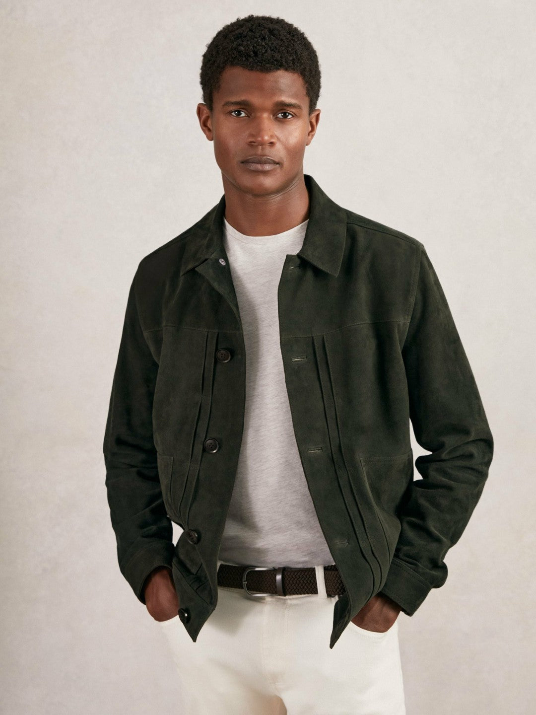 Reiss Suede Worker Jacket in Dark Green