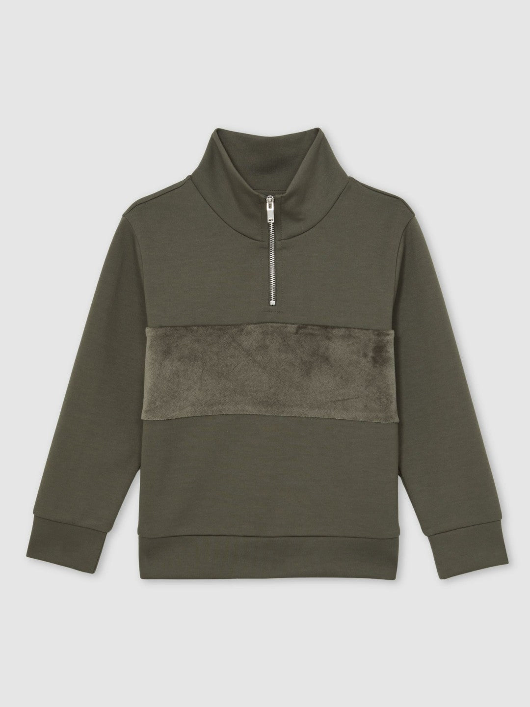 Reiss 13-14 yrs Slim Fit Half-Zip Funnel Neck Velour Sweatshirt in Dark Sage Green