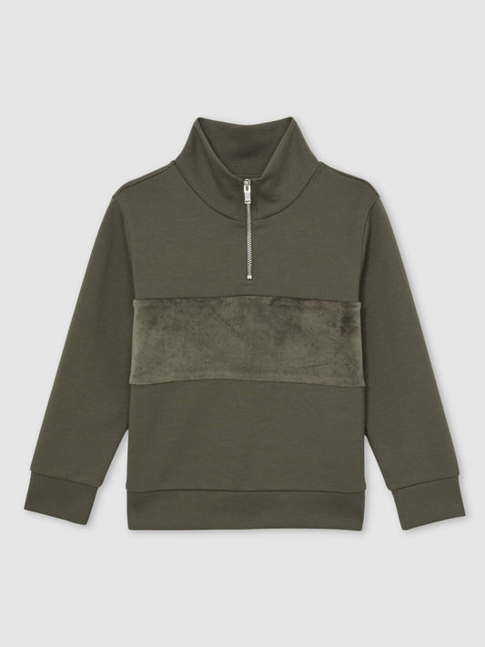 Reiss 13-14 yrs Slim Fit Half-Zip Funnel Neck Velour Sweatshirt in Dark Sage Green