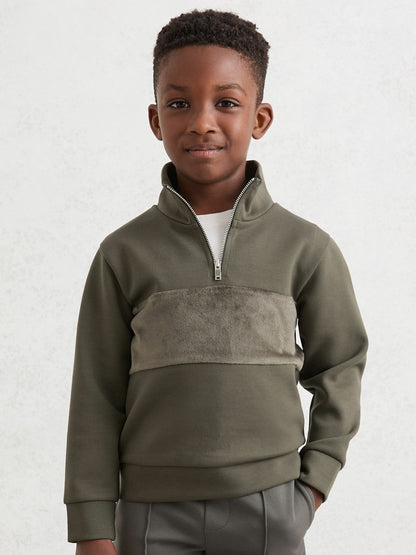 Reiss 13-14 yrs Slim Fit Half-Zip Funnel Neck Velour Sweatshirt in Dark Sage Green