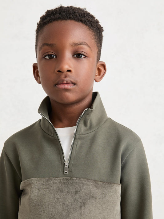 Reiss 9-13 yrs Slim Fit Half-Zip Funnel Neck Velour Sweatshirt in Dark Sage Green