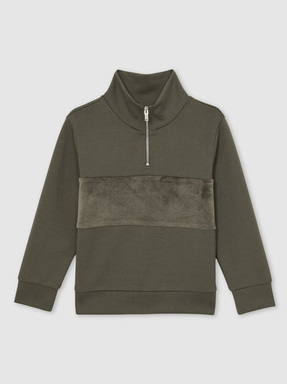 Reiss 9-13 yrs Slim Fit Half-Zip Funnel Neck Velour Sweatshirt in Dark Sage Green