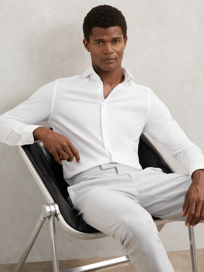 Reiss Cotton-Blend Jersey Cutaway-Collar Shirt in White
