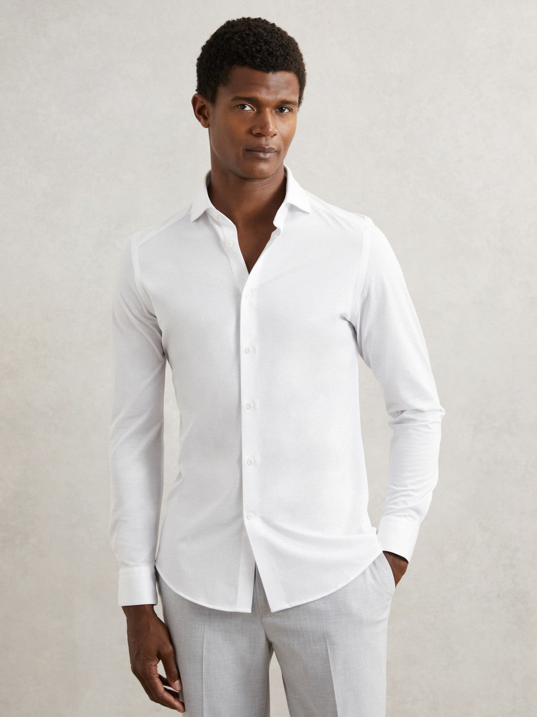 Reiss Cotton-Blend Jersey Cutaway-Collar Shirt in White