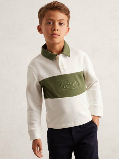 Reiss 3-9 yrs Cotton Logo-Embroidery Rugby Polo Shirt in Forset Green/White