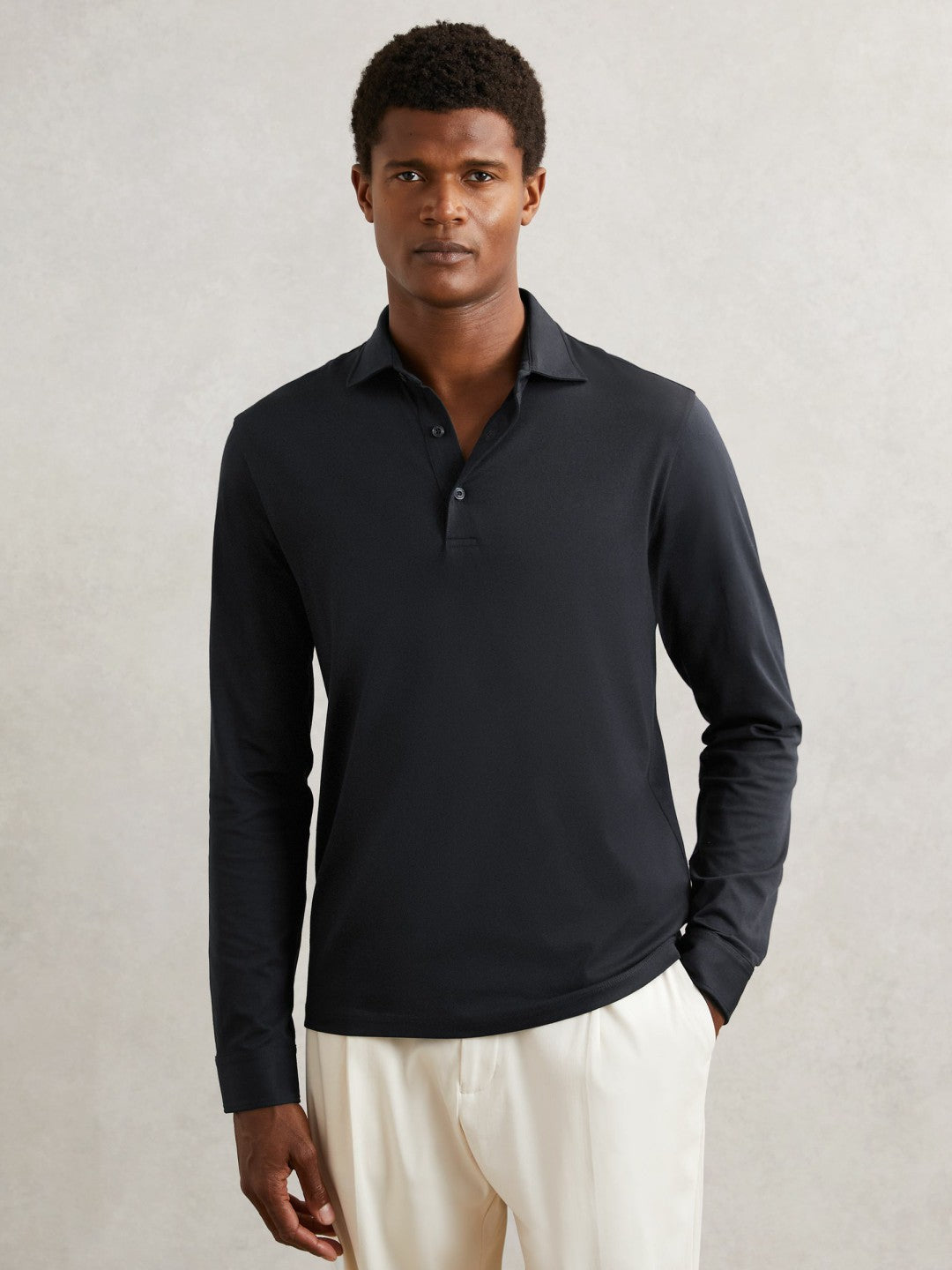 Reiss Cotton-Jersey Long Sleeve Polo Shirt in Navy