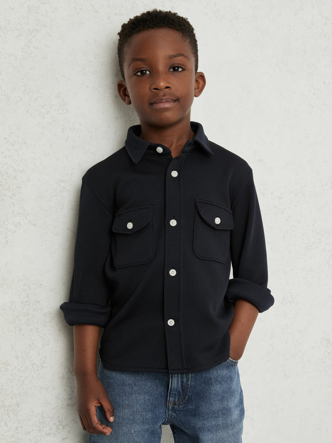 Reiss 13-14 yrs Waffle-Textured Twin-Pocket Overshirt in Navy