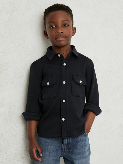 Reiss 13-14 yrs Waffle-Textured Twin-Pocket Overshirt in Navy
