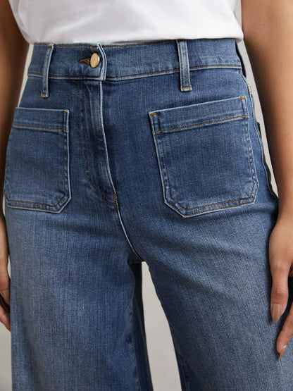 Reiss Petite Patch Pocket Wide Leg Jeans in Mid Blue