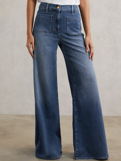 Reiss Petite Patch Pocket Wide Leg Jeans in Mid Blue