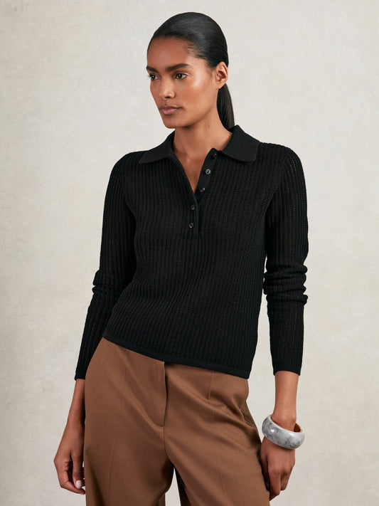 Reiss Open-Knit Long-Sleeve Polo Top in Black
