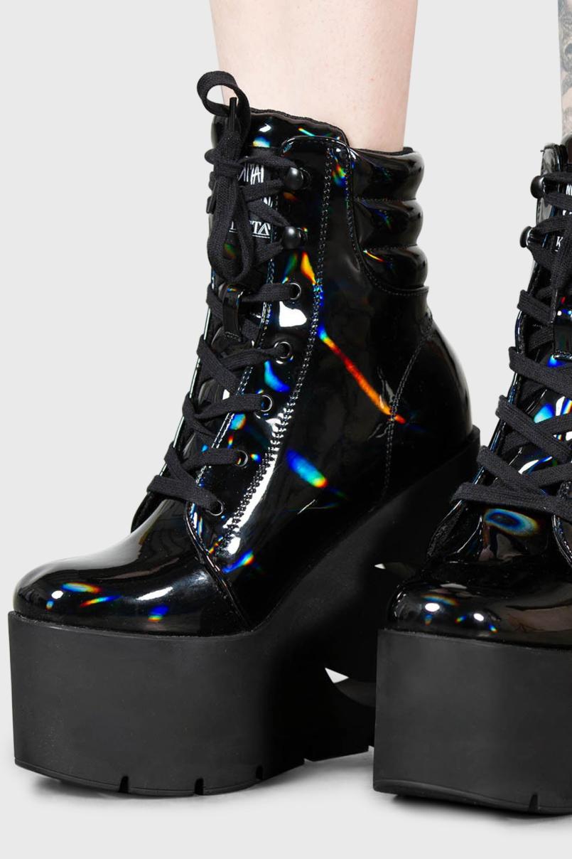 Women Boots | Killstar Diana Crescent Wedge Boots [BLACK HOLOGRAPHIC]