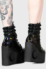 Women Boots | Killstar Diana Crescent Wedge Boots [BLACK HOLOGRAPHIC]