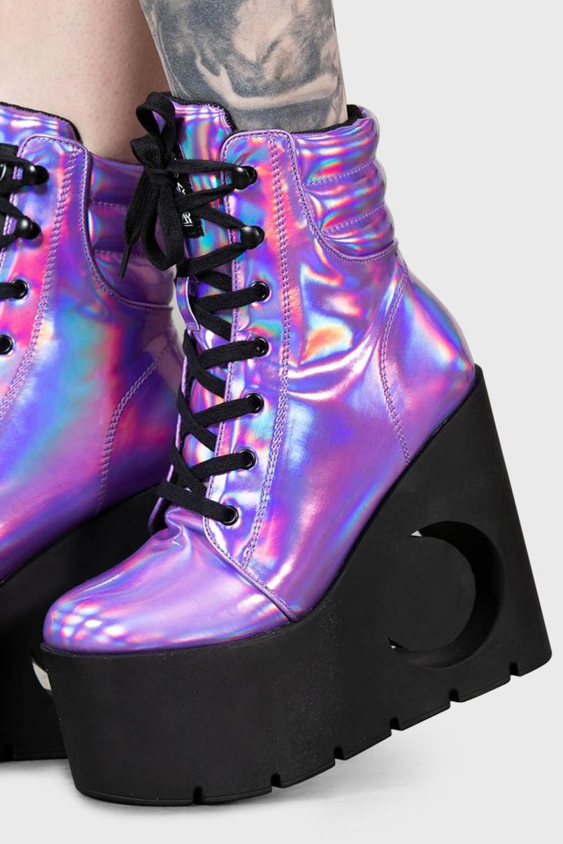 Women Boots | Killstar Diana Crescent Wedge Boots [PURPLE HOLOGRAPHIC]