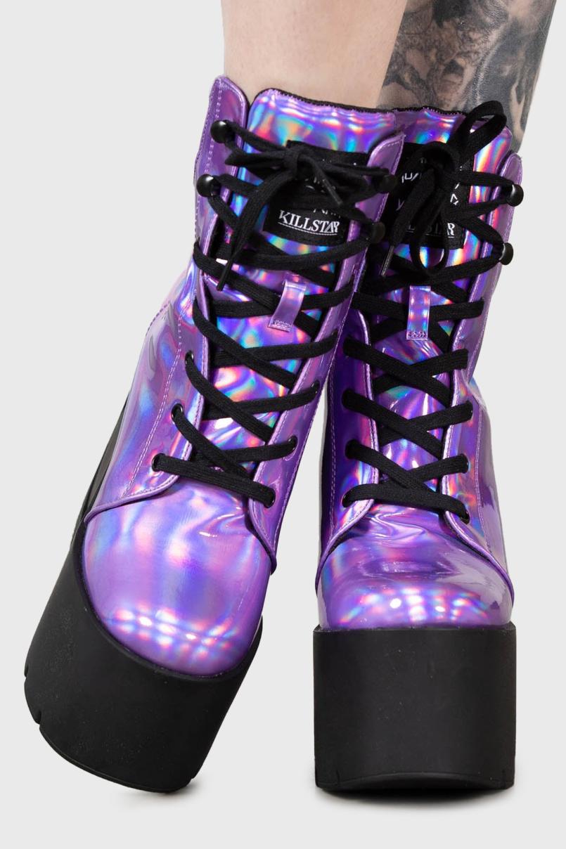 Women Boots | Killstar Diana Crescent Wedge Boots [PURPLE HOLOGRAPHIC]
