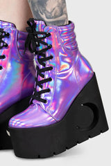 Women Boots | Killstar Diana Crescent Wedge Boots [PURPLE HOLOGRAPHIC]