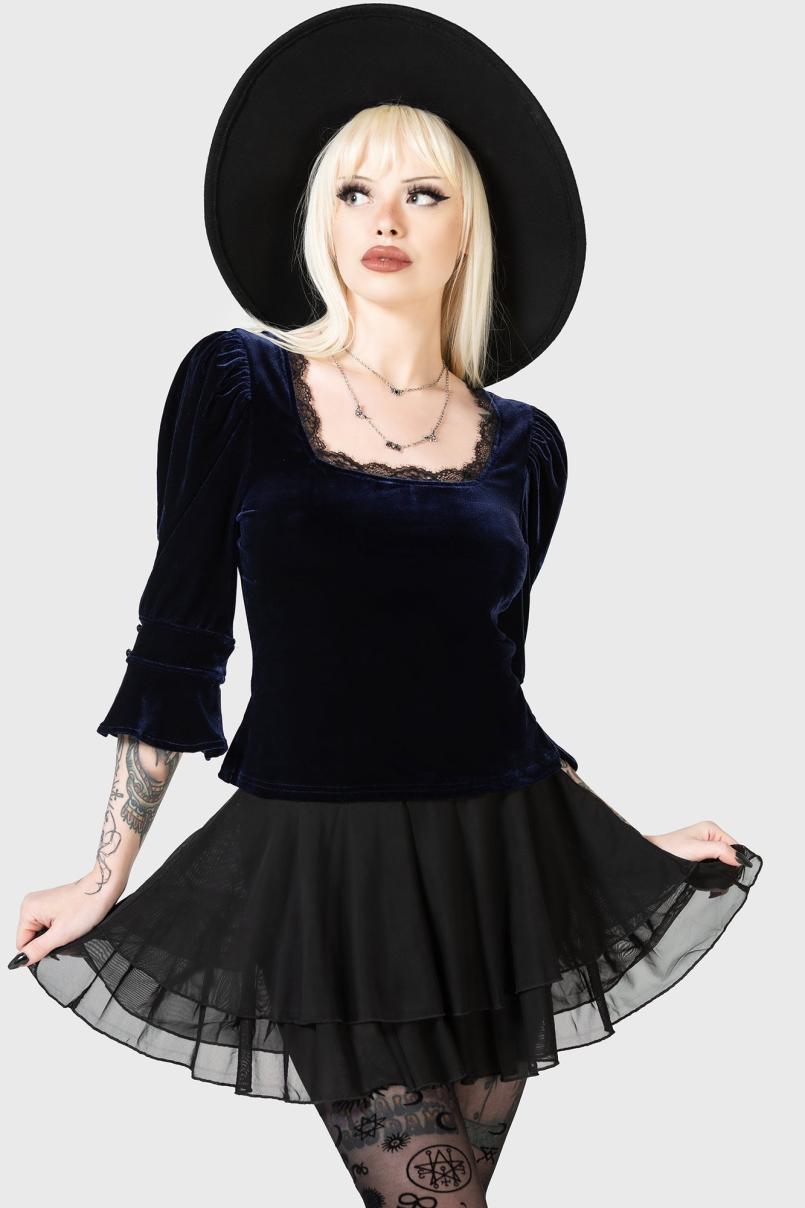 Women Long Sleeves | Killstar Dottie Dottie Velvet Top [BLUE]