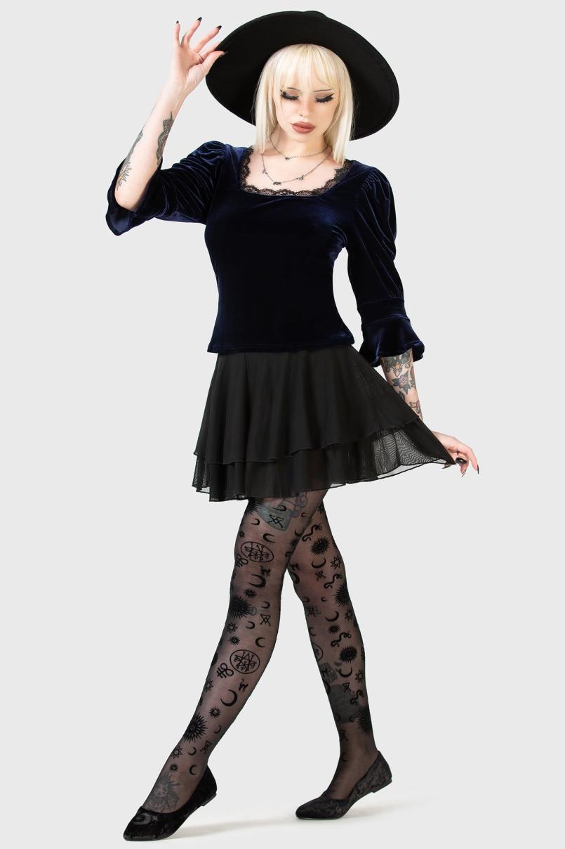 Women Long Sleeves | Killstar Dottie Dottie Velvet Top [BLUE]