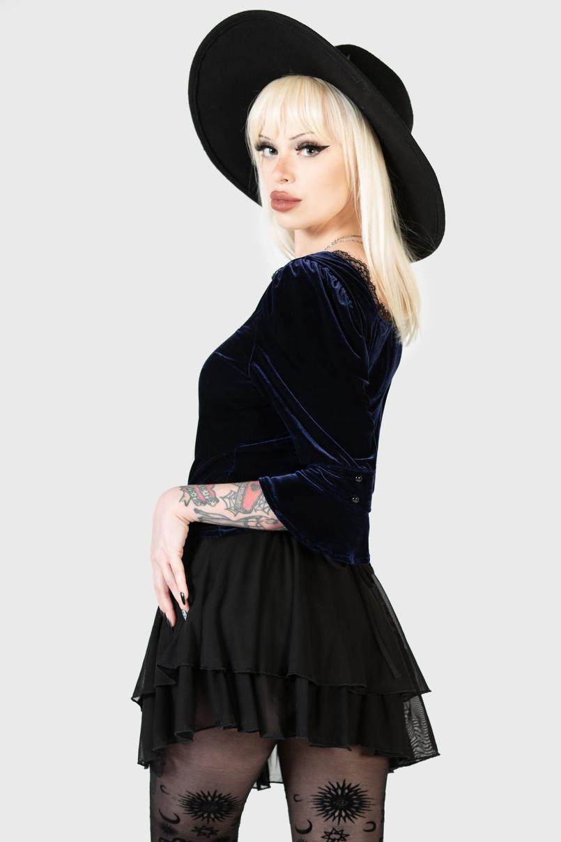 Women Long Sleeves | Killstar Dottie Dottie Velvet Top [BLUE]