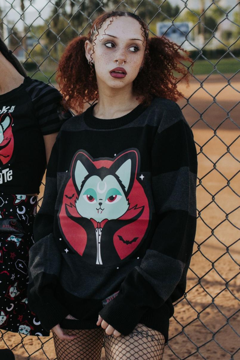 Women Sweaters | Killstar Vampurr Stripe Sweater [GREY]