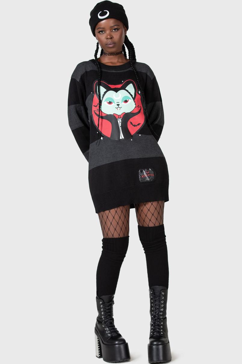 Women Sweaters | Killstar Vampurr Stripe Sweater [GREY]
