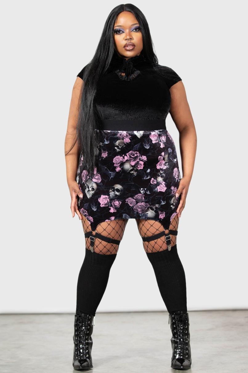 Women Velvet | Killstar Cassandra Velvet Mini Skirt [BLACK/PINK]