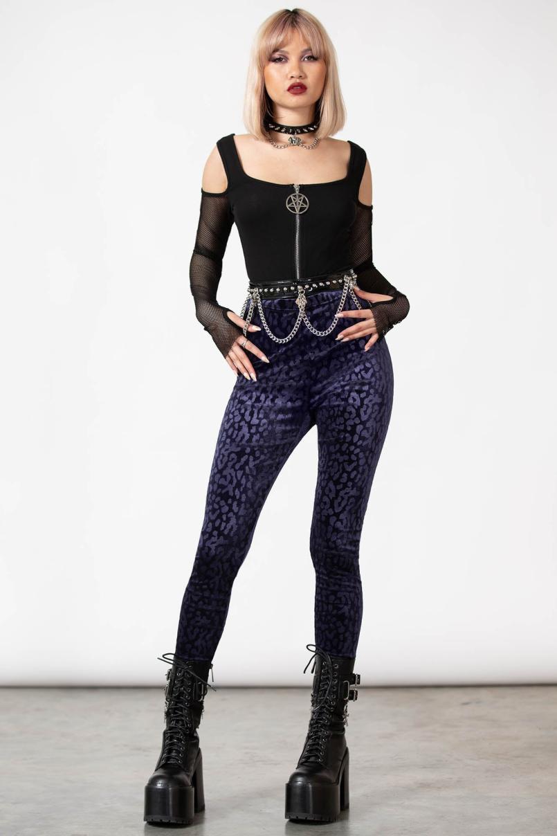 Women Velvet | Killstar Caturday Leggings [PLUM]