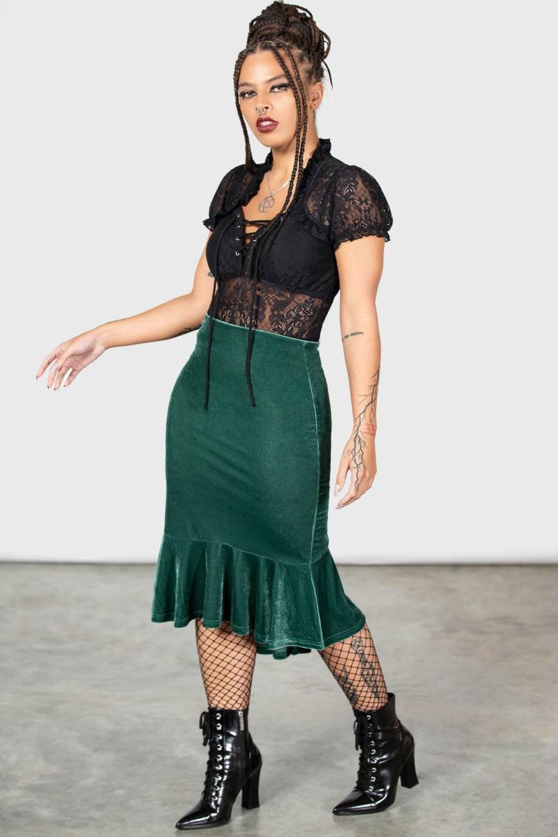 Women Velvet | Killstar Drusilla Midi Skirt [GREEN]
