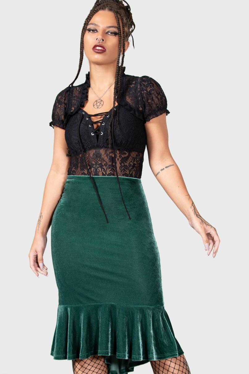 Women Velvet | Killstar Drusilla Midi Skirt [GREEN]