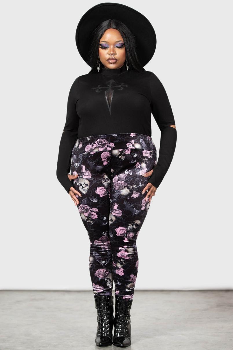 Women Velvet | Killstar Hematite Leggings [BLACK/PINK]