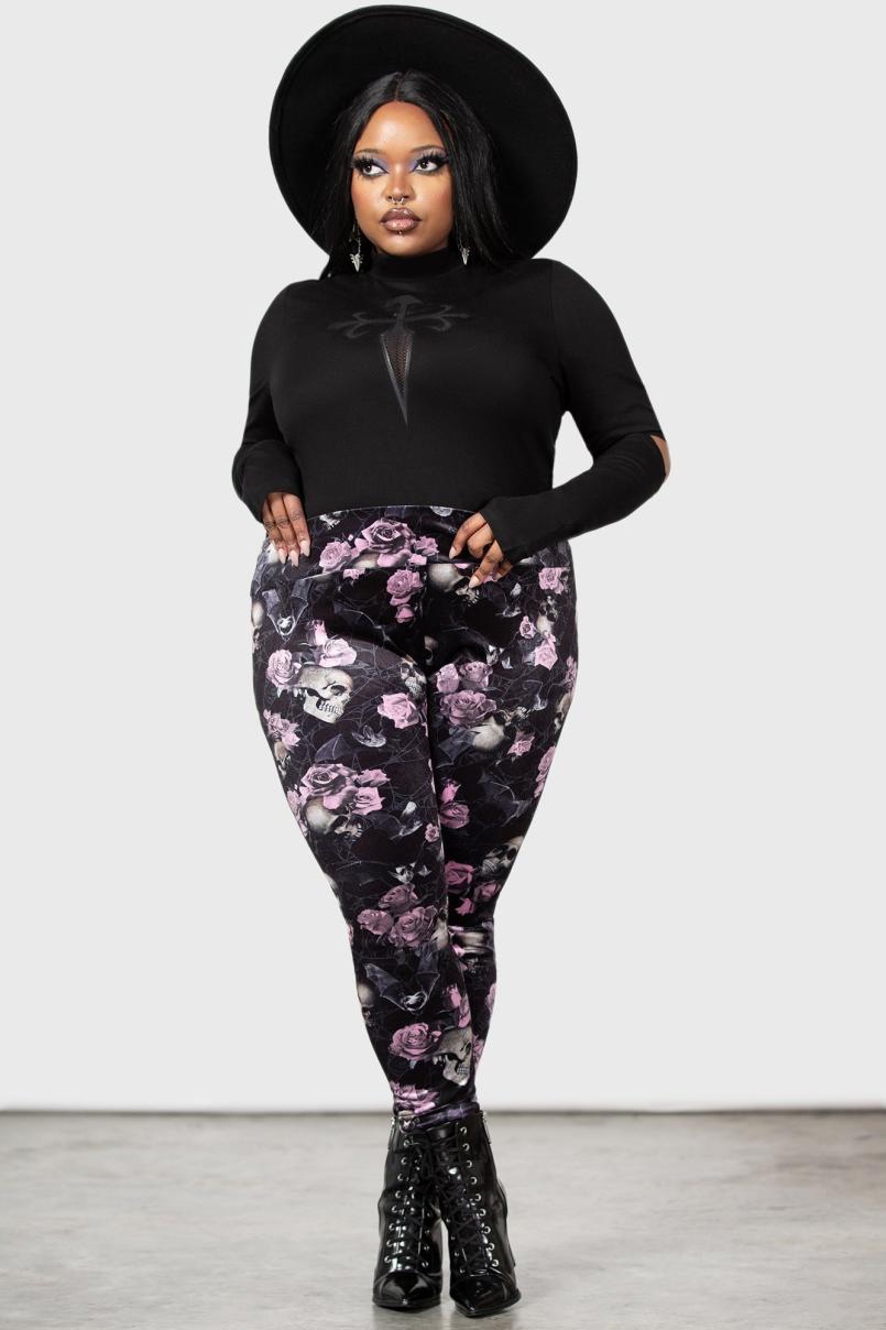 Women Velvet | Killstar Hematite Leggings [BLACK/PINK]
