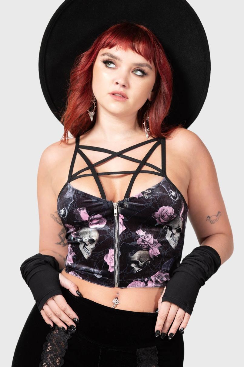 Women Velvet | Killstar Lost In Sin Zip Top [BLACK/PINK]